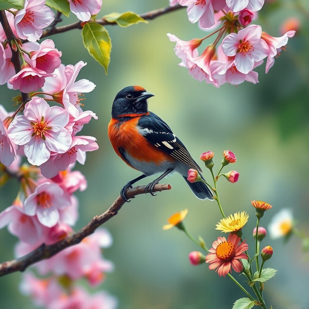 Rose-Breasted Grosbeak in Impressionistic Flower Garden