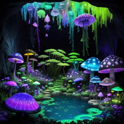 Blacklight Garden Cave with Mushrooms and Crystals