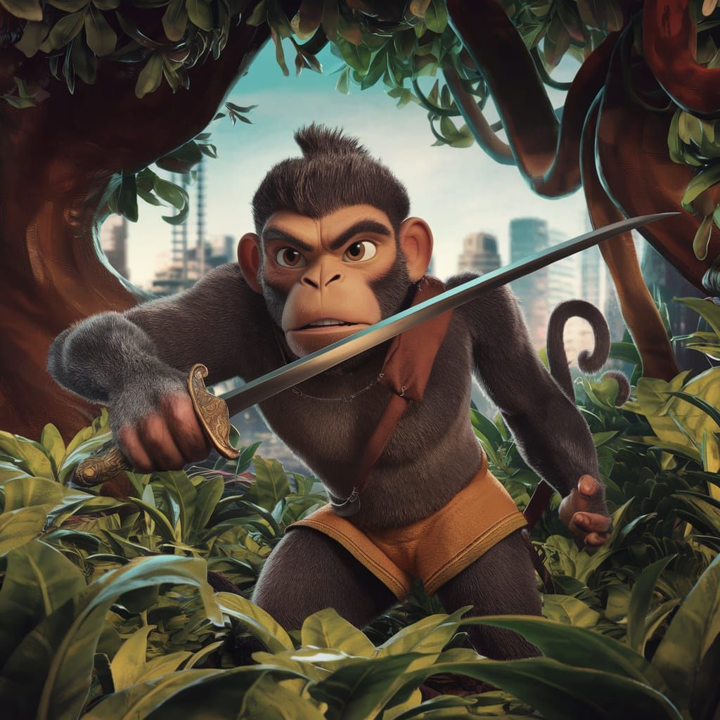 Hanuman in Lush Forest, Cinematic 3D Cartoon Style