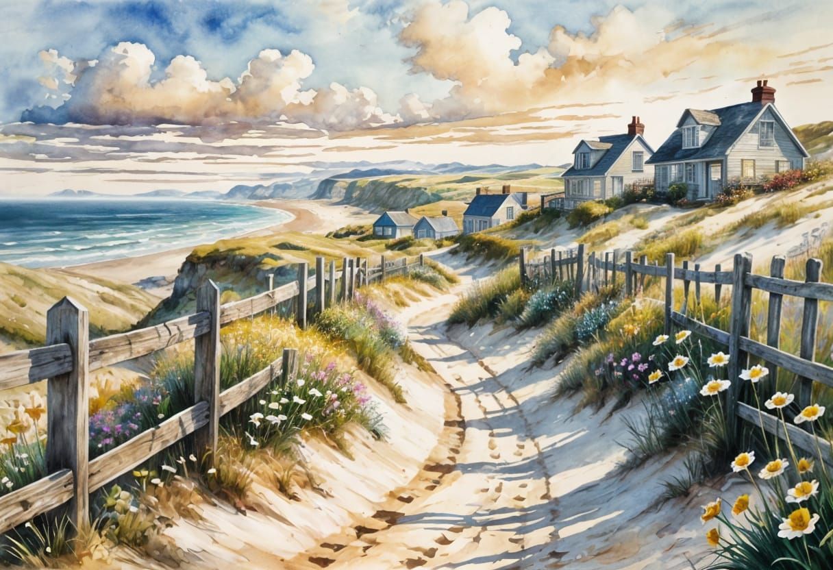 Coastal Path Landscape Painting in Watercolor Style