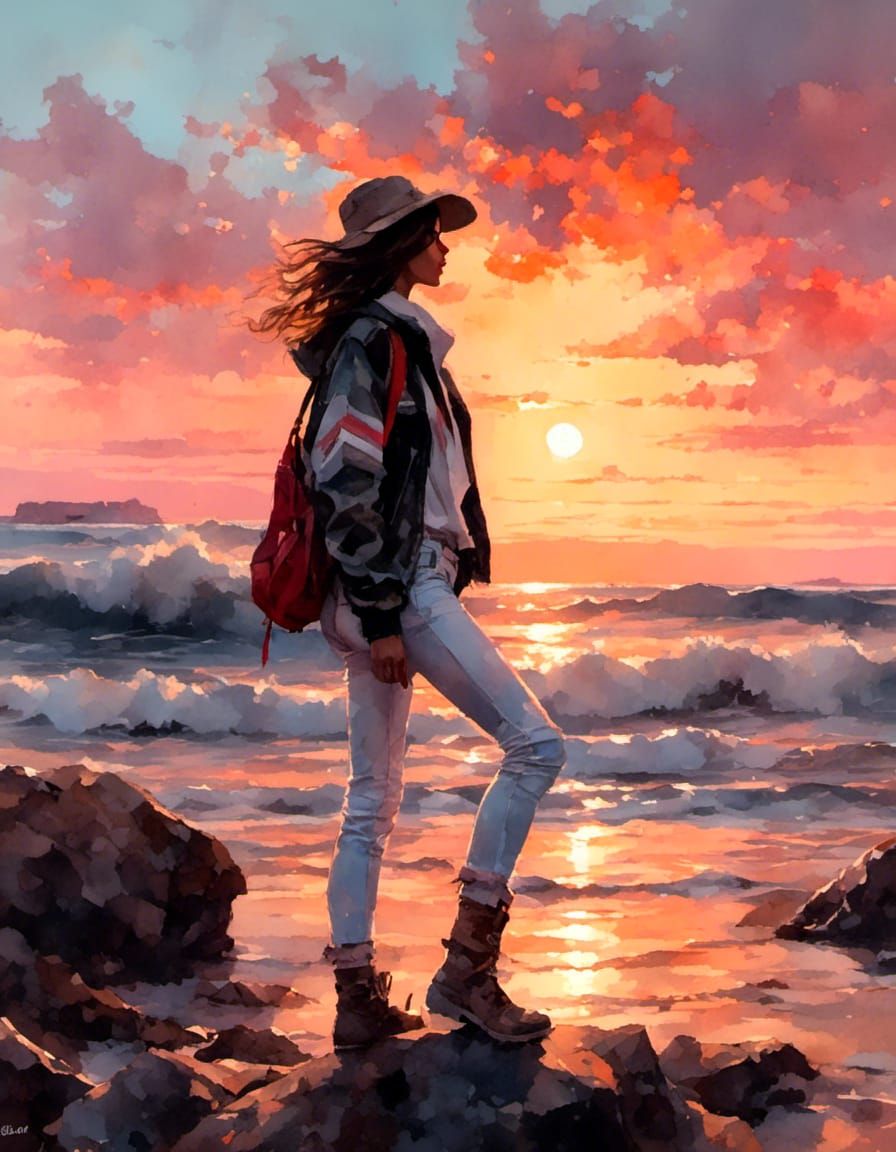 Tomboy Silhouette Portrait at Sunset: Gouache Watercolor