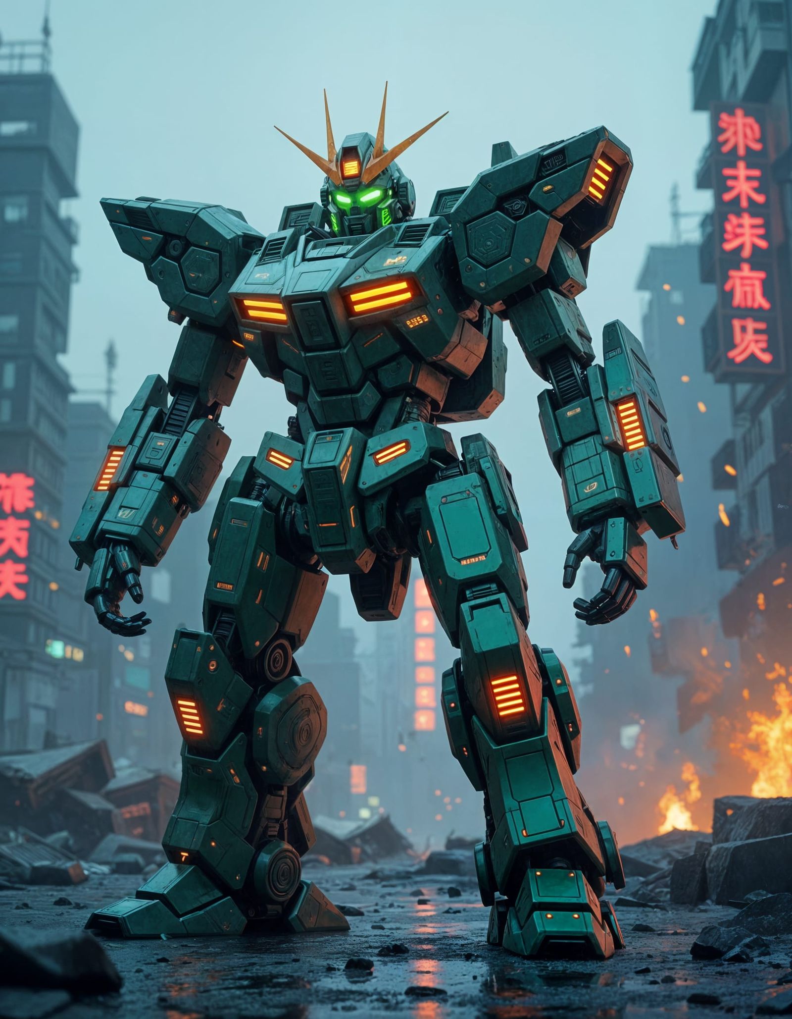 Colossal Neon Mech Warrior in Apocalyptic Cityscape