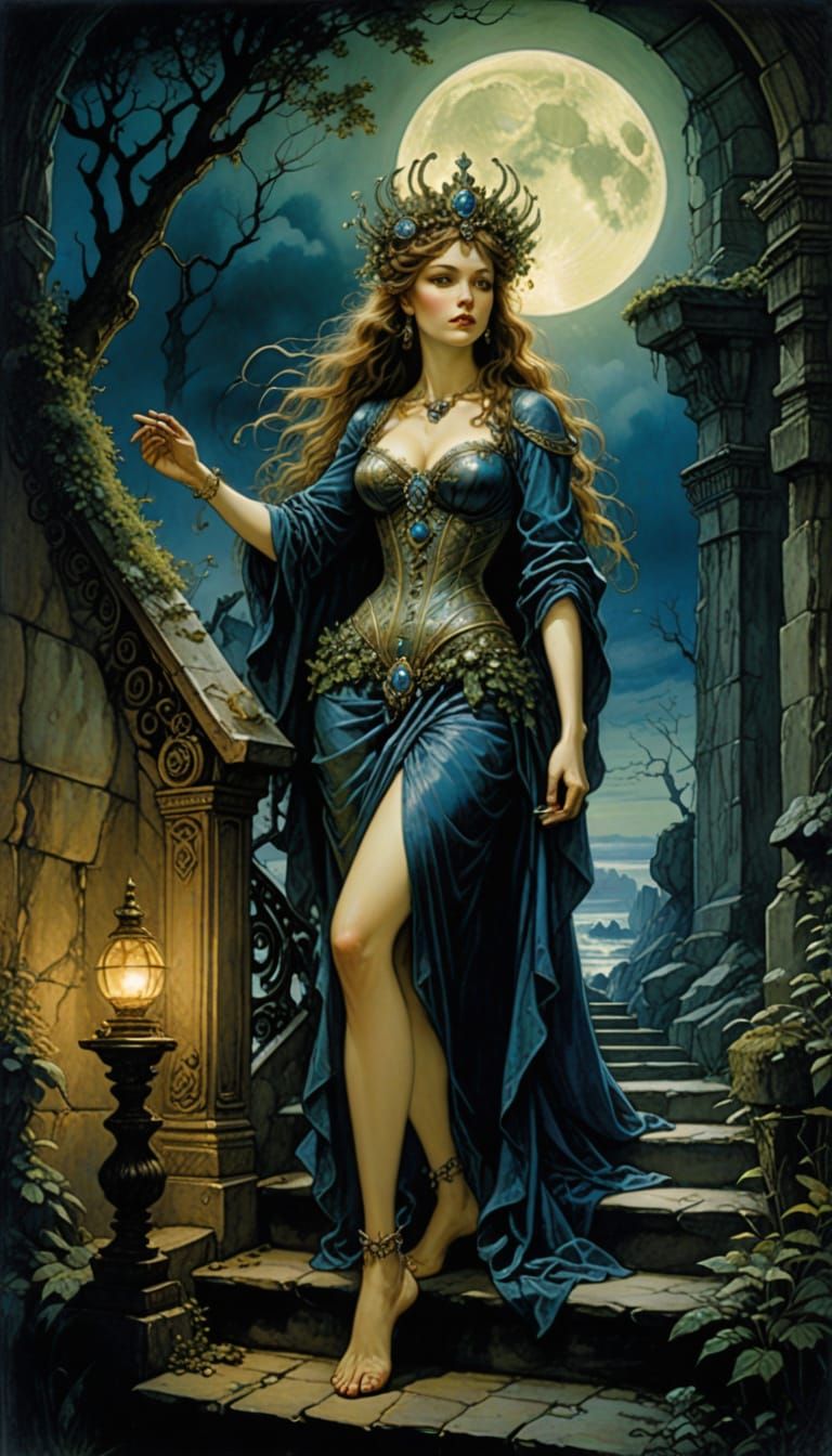 Ethereal Queen on Moonlit Stairs in Surreal Digital Painting
