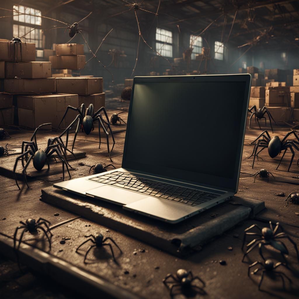 Spiders Crawling Out of Laptop in Warehouse