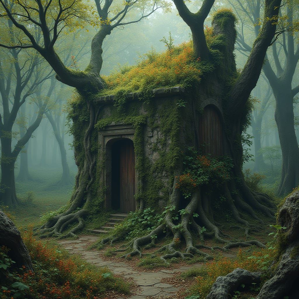 Ancient Ruin Rock House Enshrouded by Lush Vegetation
