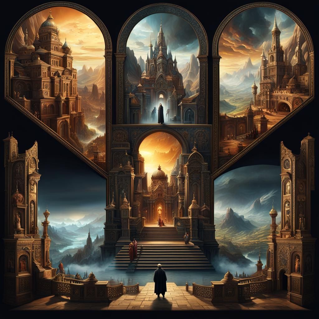 Iconographic Diagrammic Tryptych in Digital Matte Painting