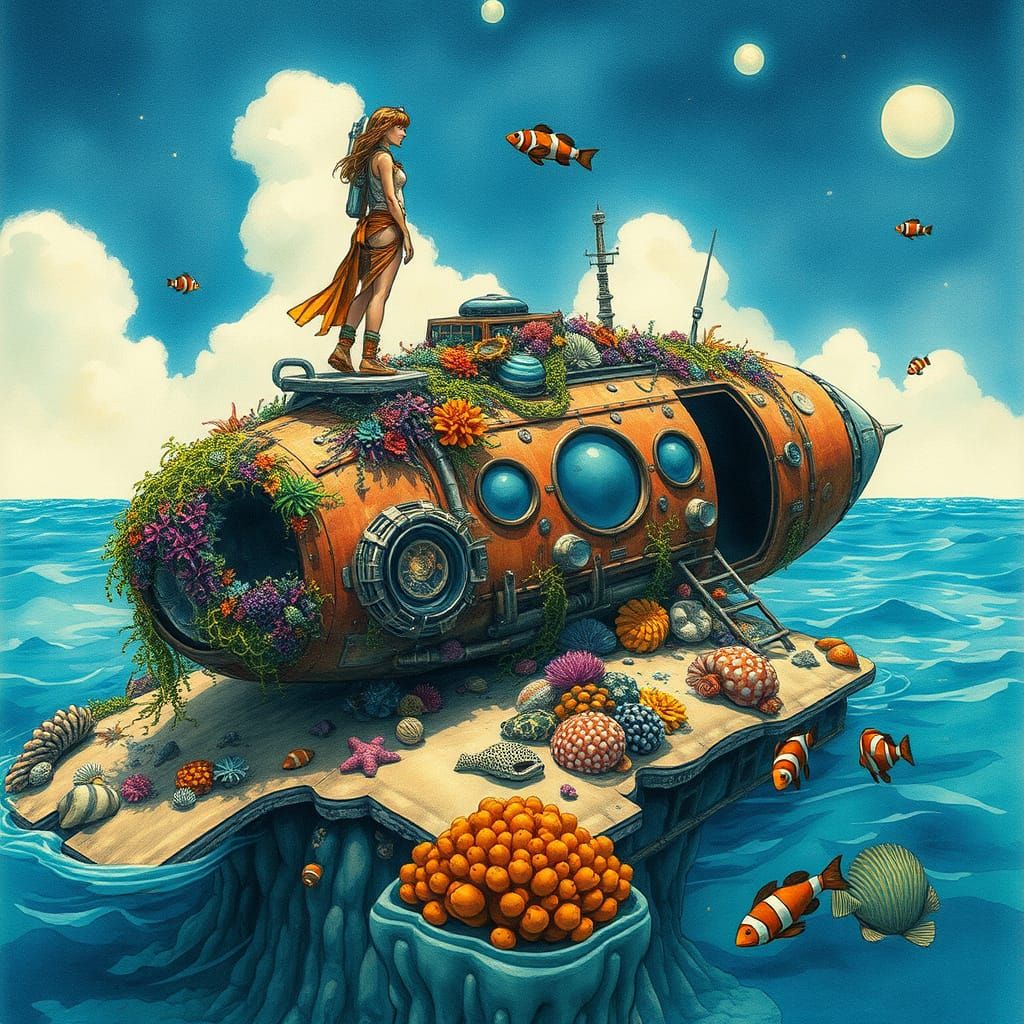 Surreal Ocean Scene with Diver and Spaceship