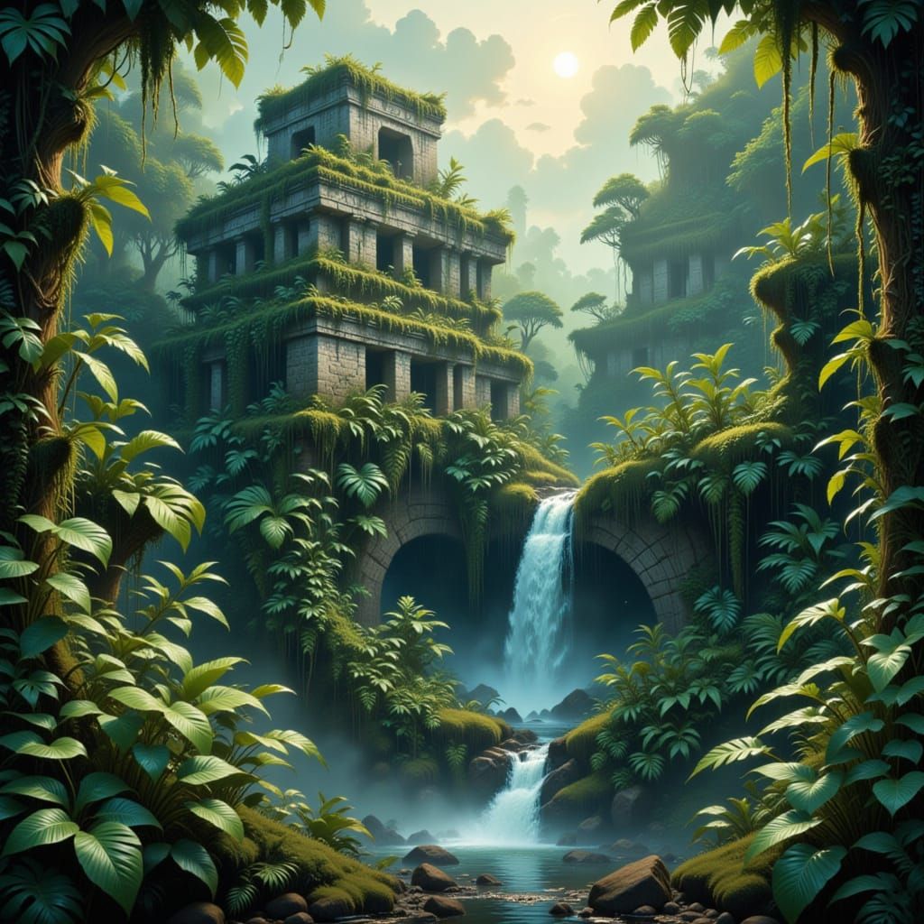 Mayan Jungle Pyramid with Waterfall