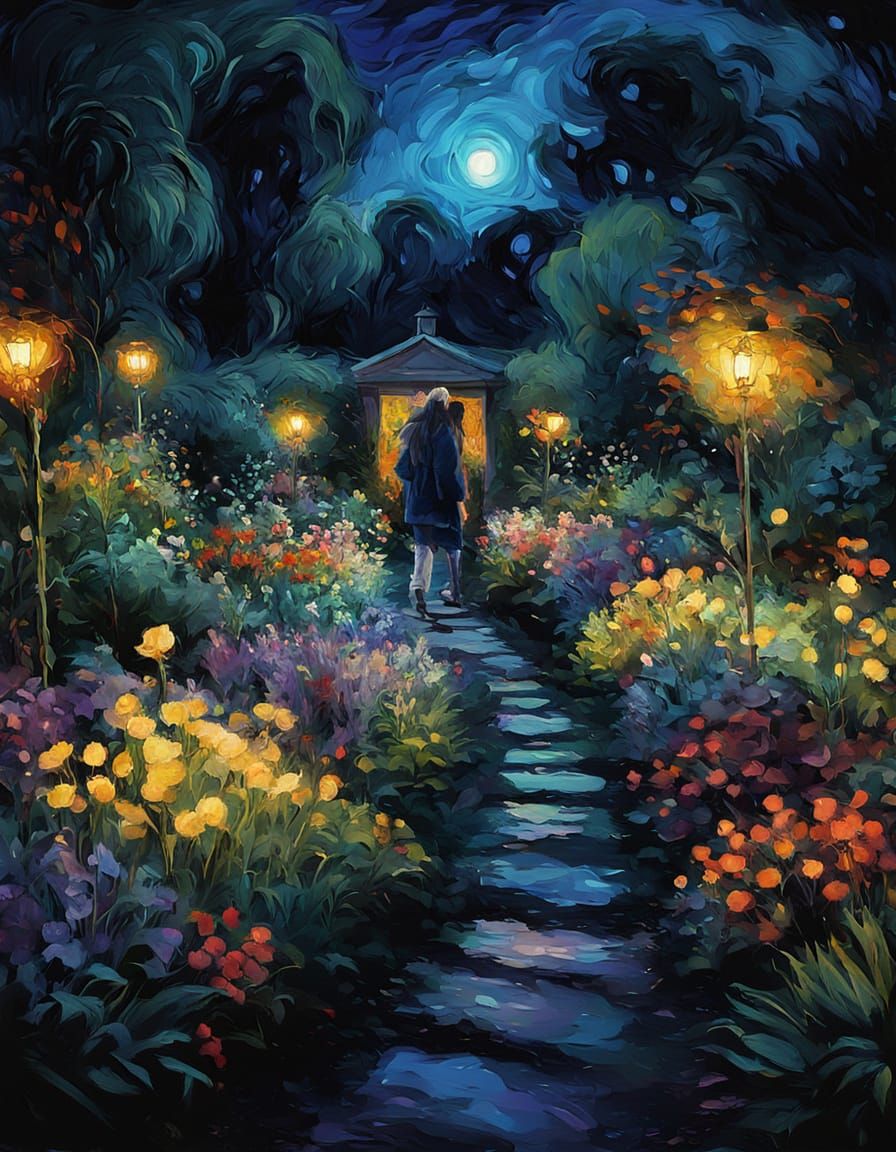 Night Garden Walker in Impressionist Style