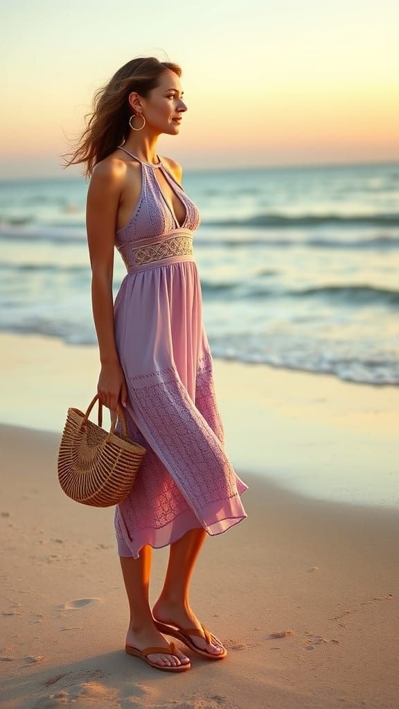 Woman on Beach in Periwinkle Dress, Sci-Fi Style