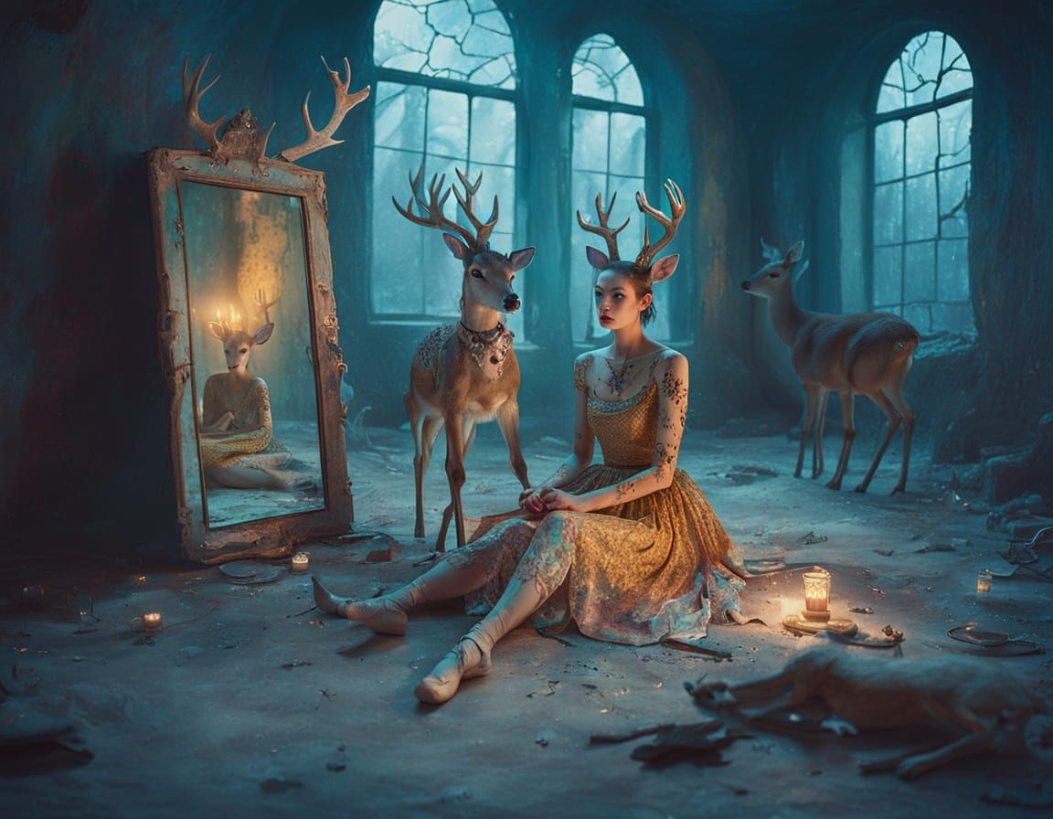 Surreal Fairytale Chic: Figure in Chamber with Mirrors and D...