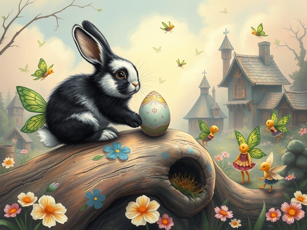 Easter Bunny and Chick in Fairy Village