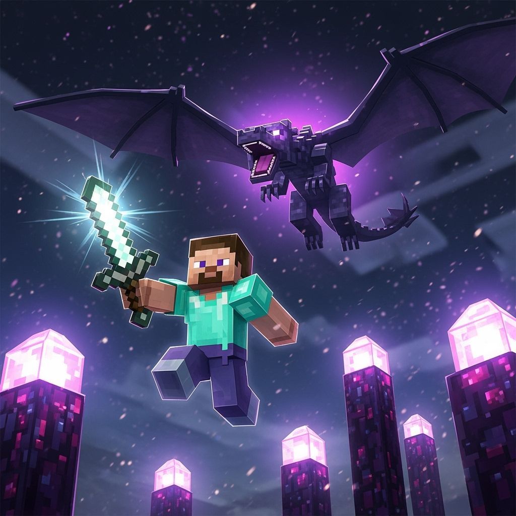 Minecraft Steve Battles Ender Dragon in The End