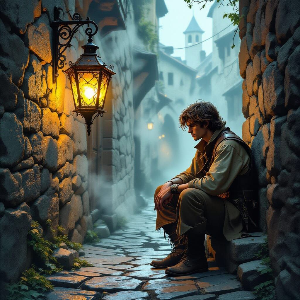 Timeless Alley: Lantern's Golden Light in Dark Fantasy