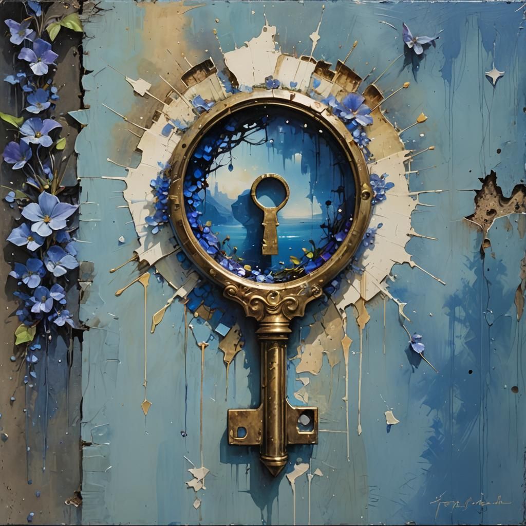 Mysterious Magic Key with Keyhole: Oil Painting