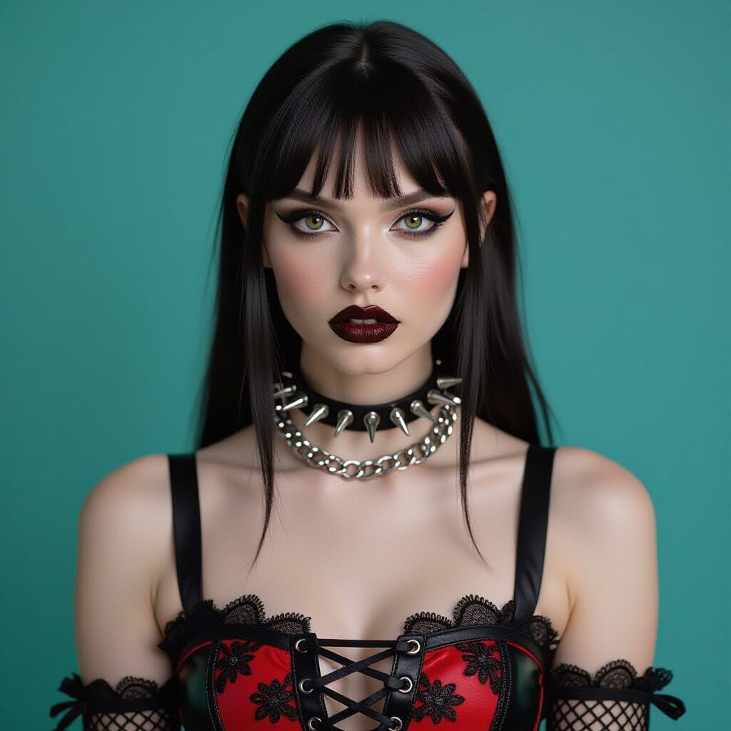 Gothic Portrait of Woman in Lace-Up Corset and Spiked Choker
