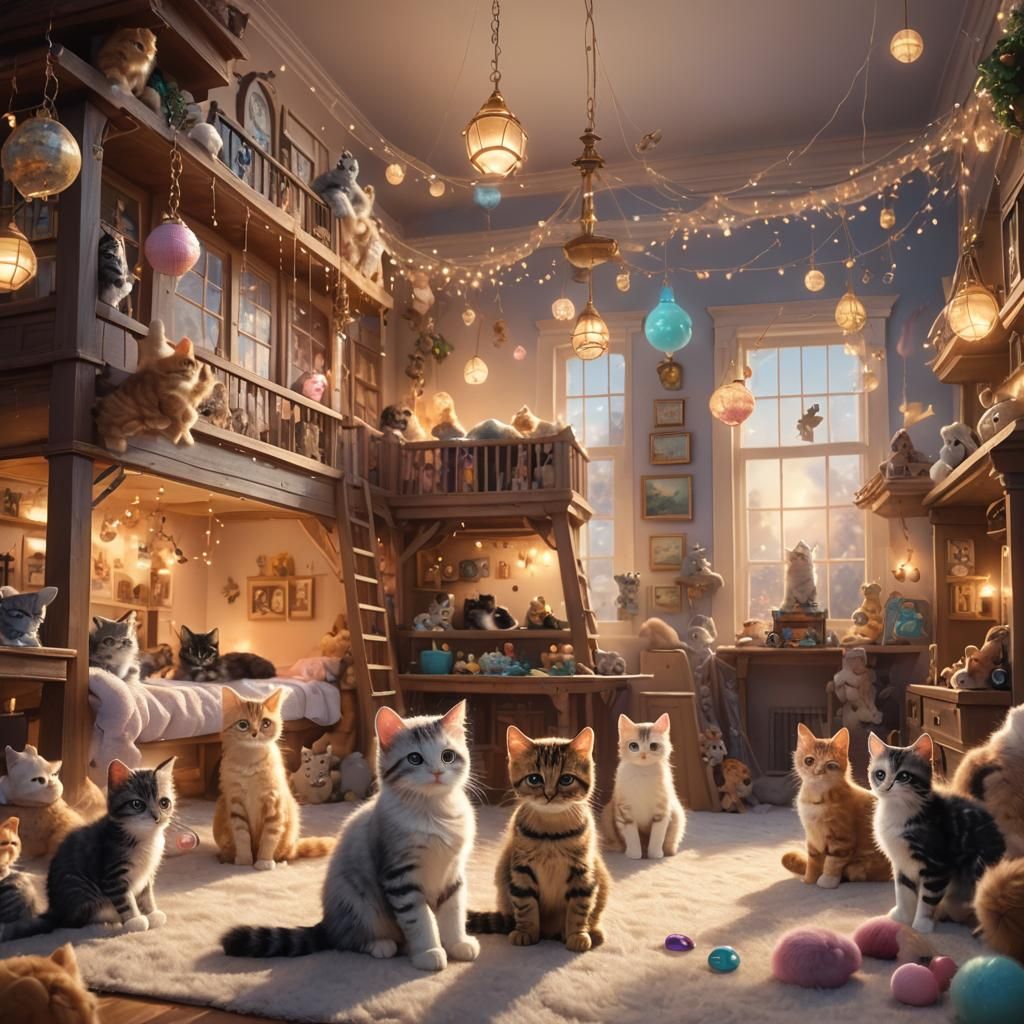 Kittens Play in Ethereal Fantasy Room