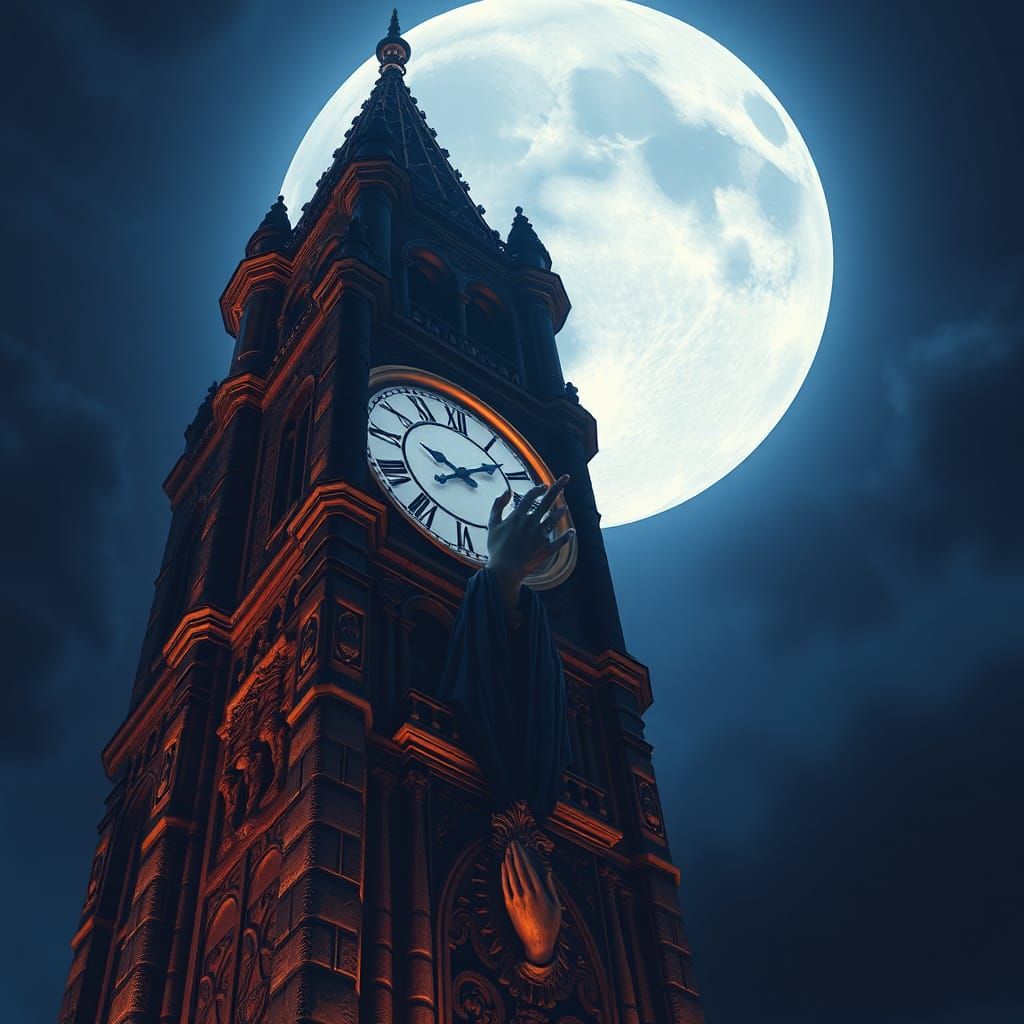 Moonlit Clock Tower with Praying Hand