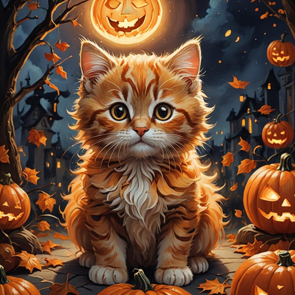 Kitten in Jack-O'-Lantern: Whimsical Halloween Art