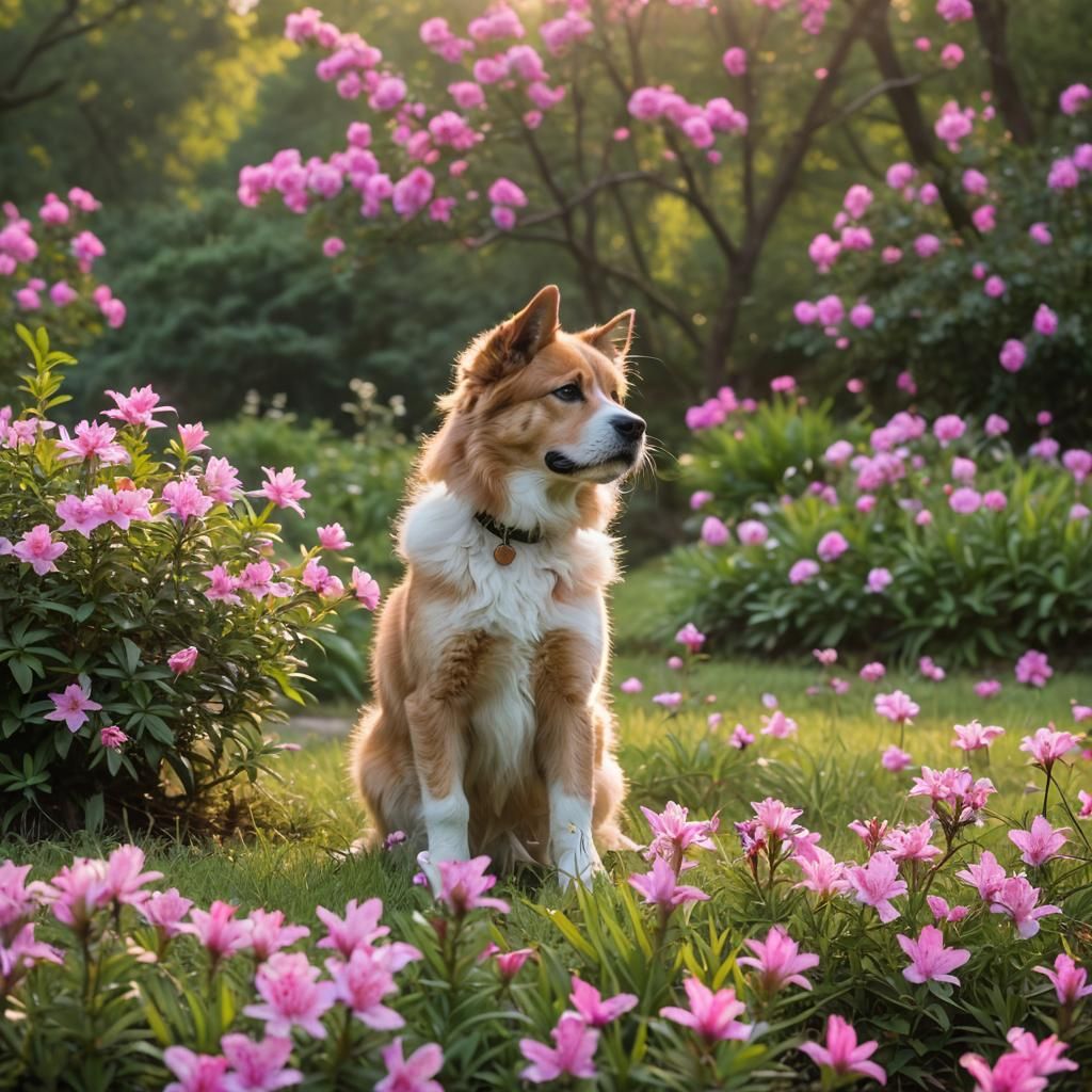 Peaceful Meadow Scene with Dog and Kitten