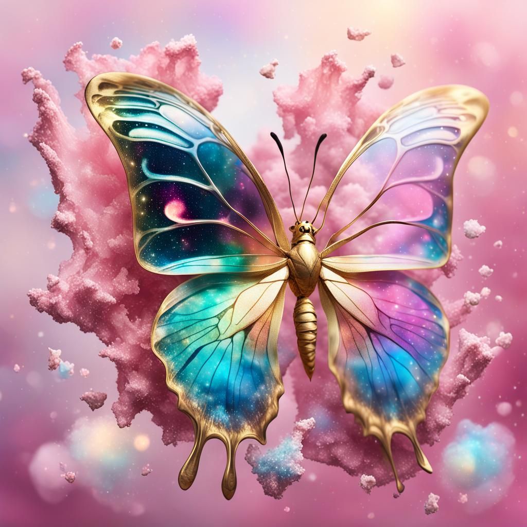 Golden Butterfly on Dandelion in Dreamy Pink Haze