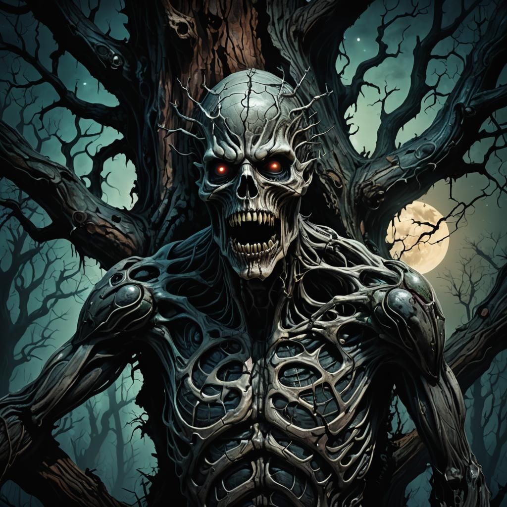 Ghoul-Tree Fusion in Dark Fantasy Illustration