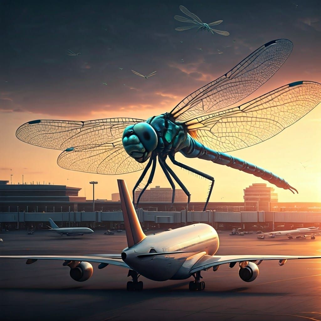 Iridescent Dragonflies in Neon Airport Landscape
