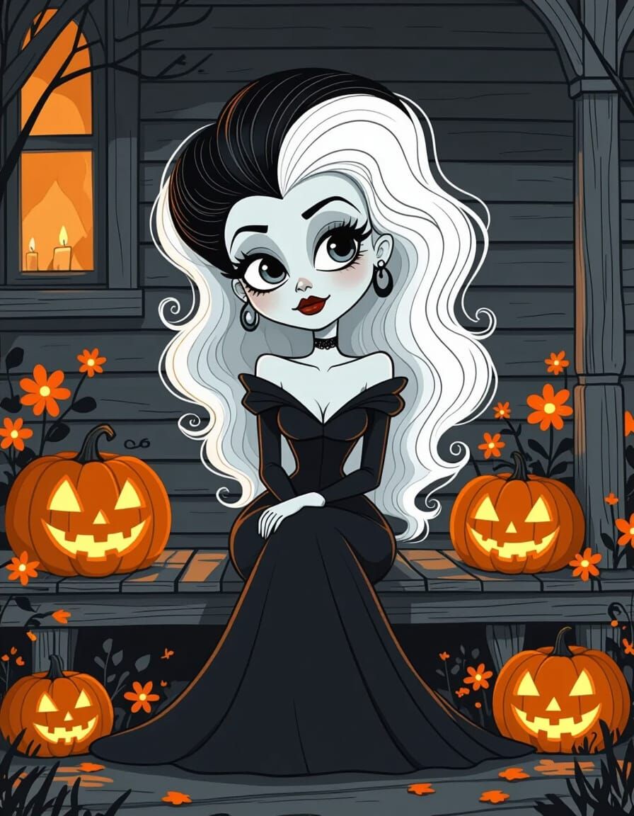 Cartoon Bride of Frankenstein on Porch with Pumpkins