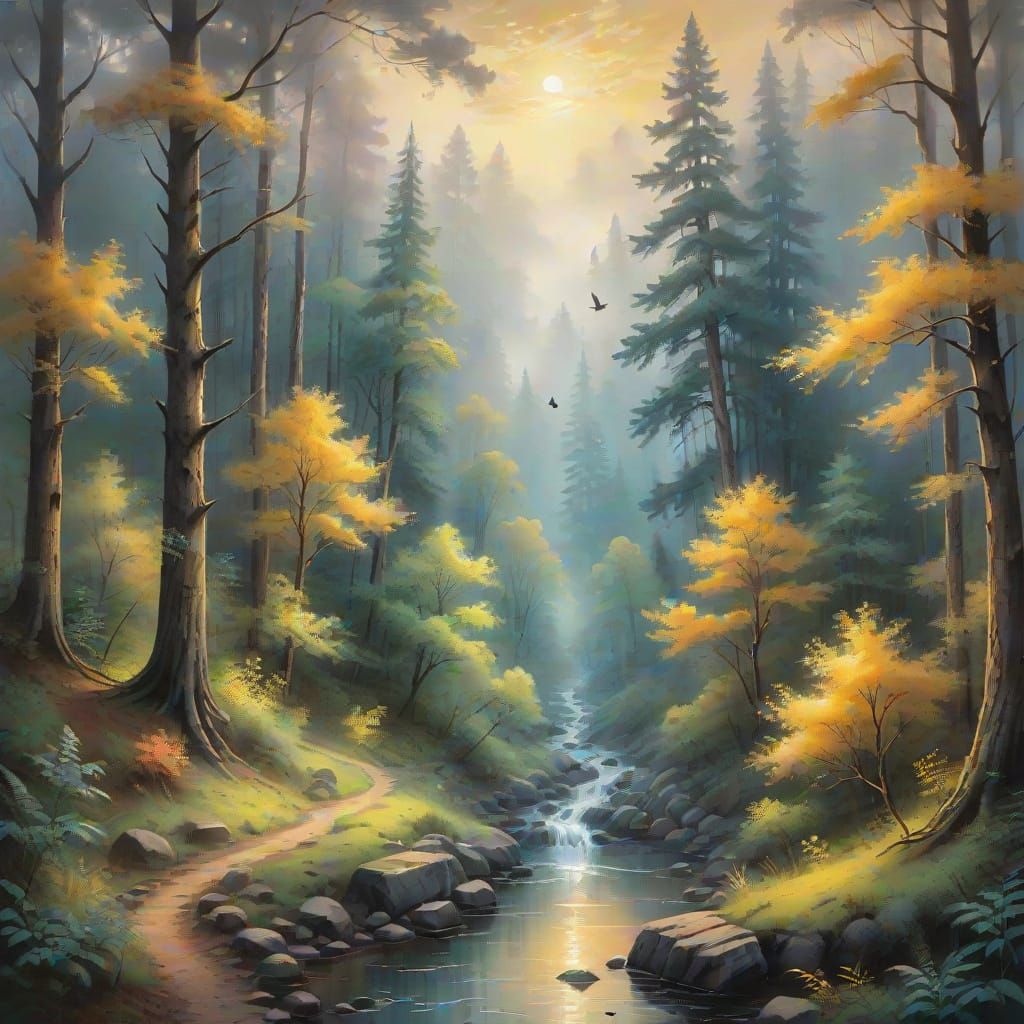 Ethereal Forest in Gouache Style Charcoal Drawing