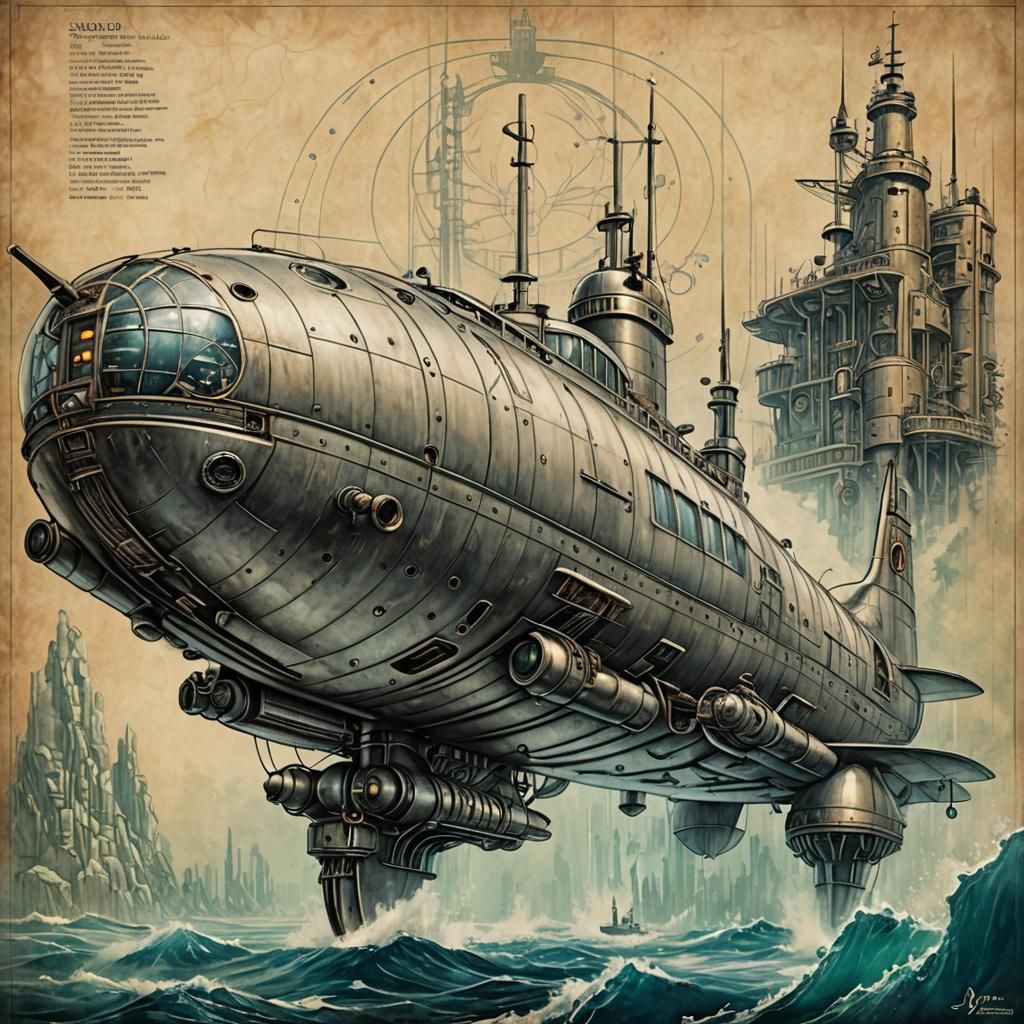 Retro-Futuristic Submarine in Art Deco Style