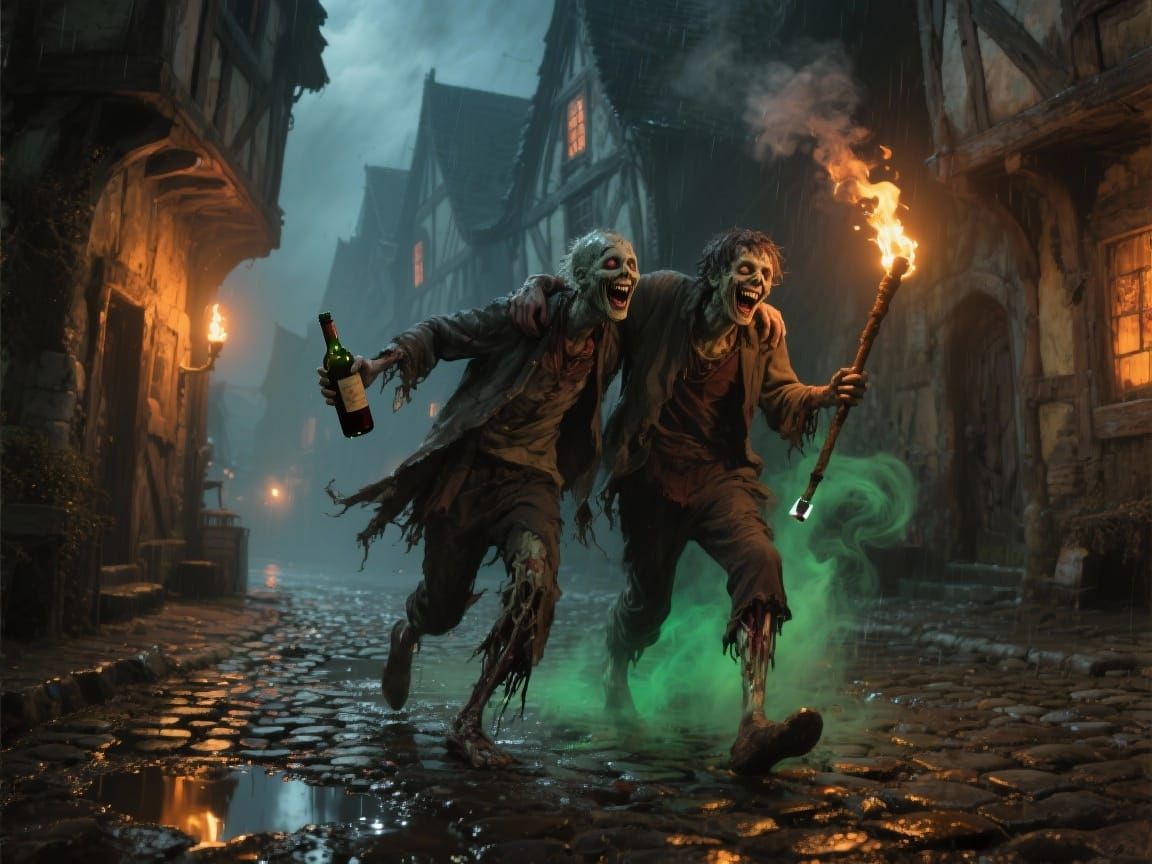 Drunken Zombies in Dark Fantasy Medieval Village