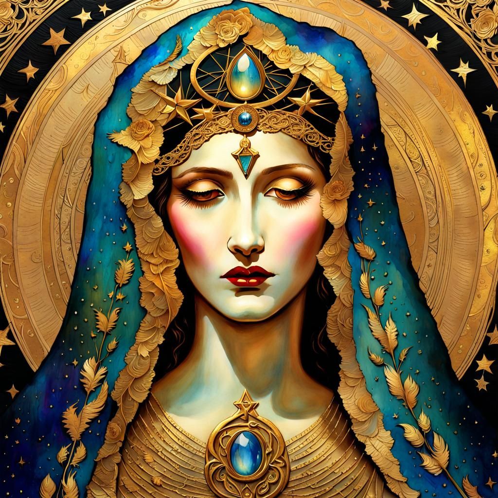 Iridescent Gold Madonna Art Nouveau Watercolor