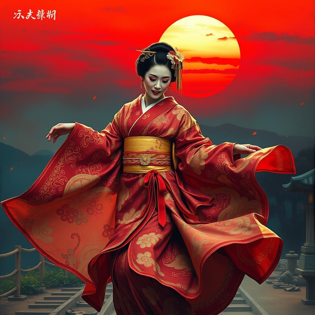 Vibrant Geisha in Traditional Kimono, Dancing with Joy