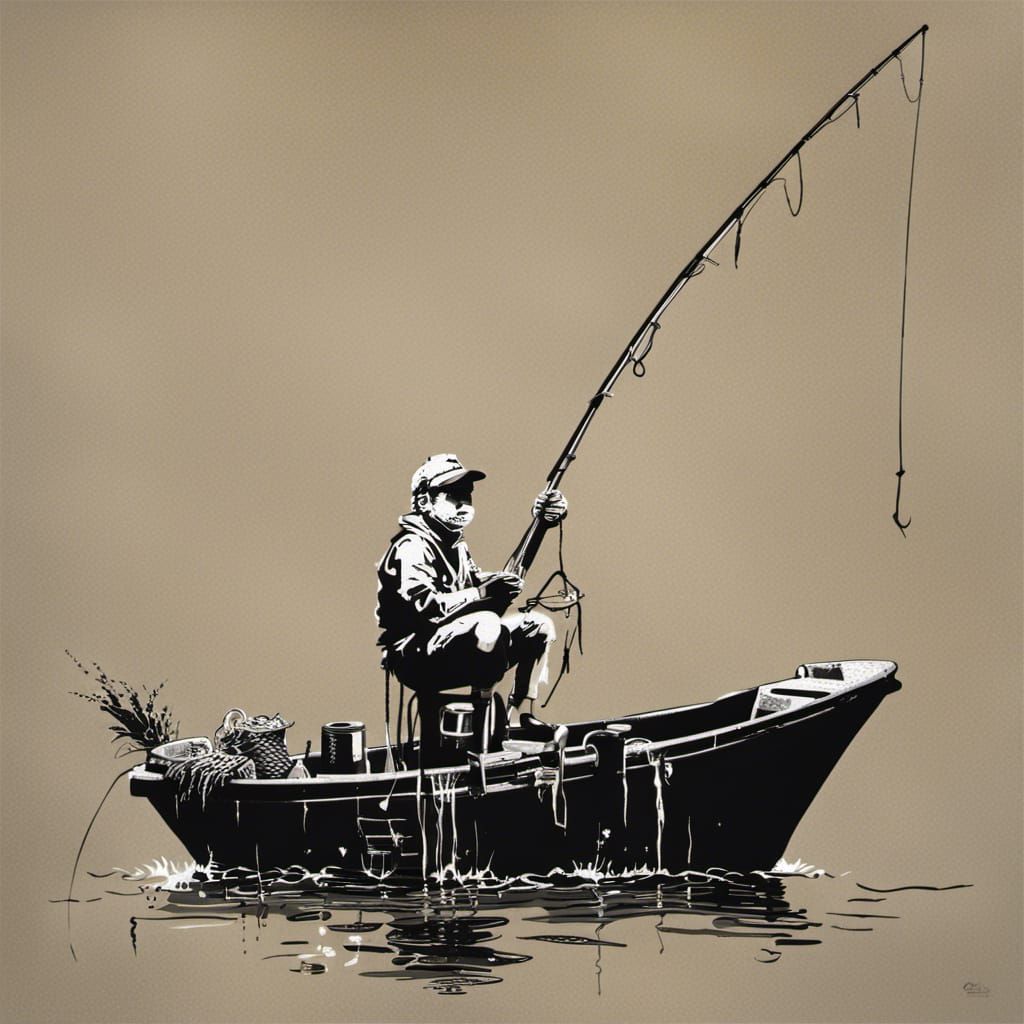 Banksy-Style Fisherman: Street Art Digital Image