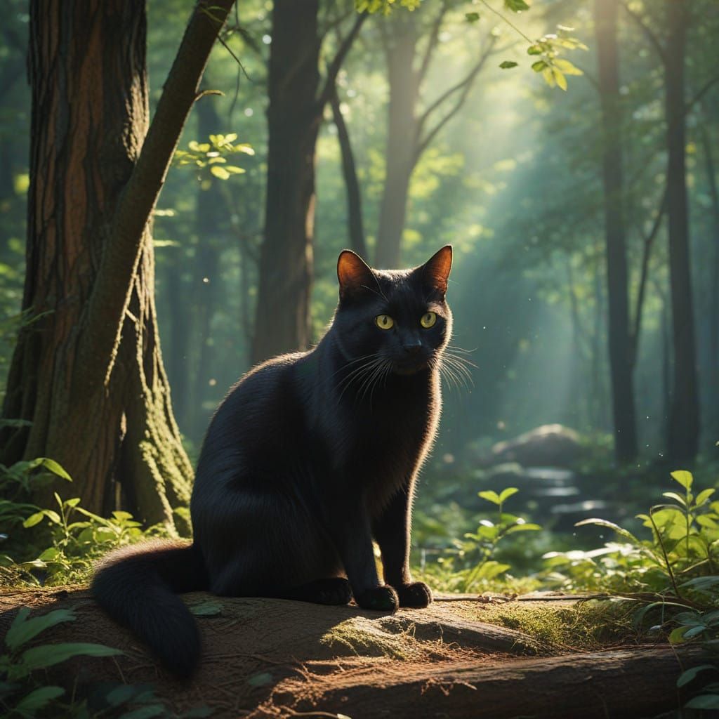 Ethereal Cat and Turtle in Whimsical Forest Scene