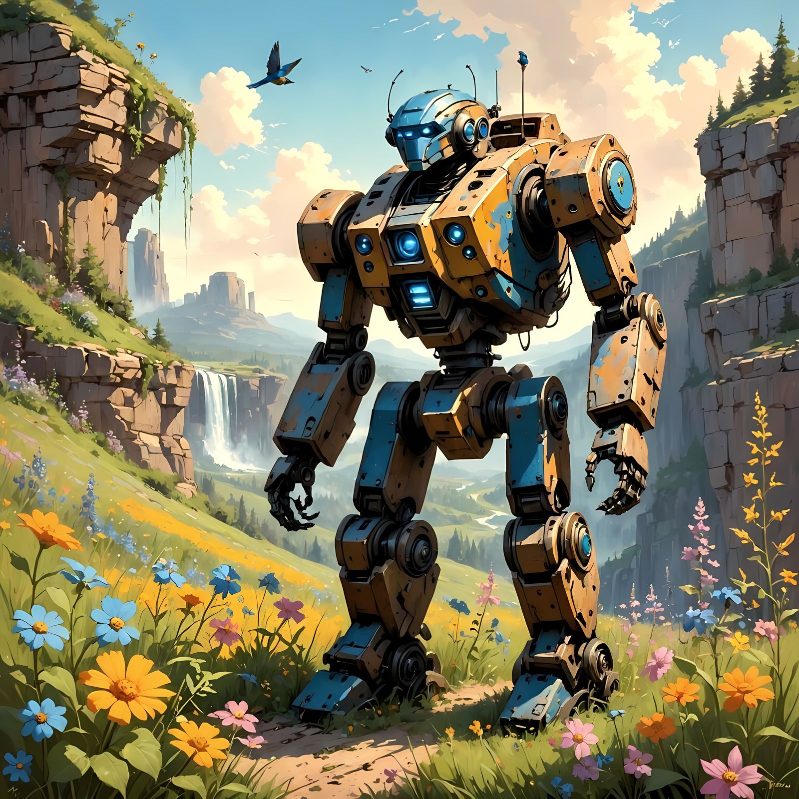 Weathered Wooden Mech Robot in a Field of Wildflowers