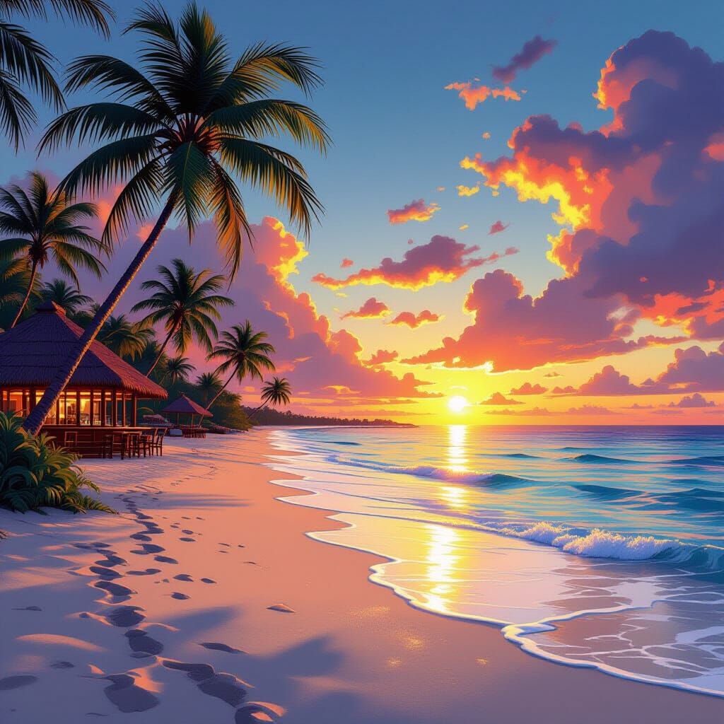 Tropical Beach Sunset with Volumetric Lighting