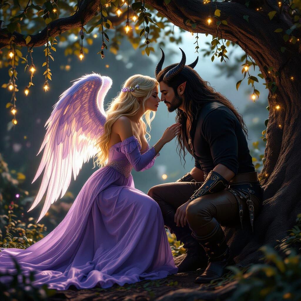 Angel and Demon Kiss in a 3D Game Cinematic Scene