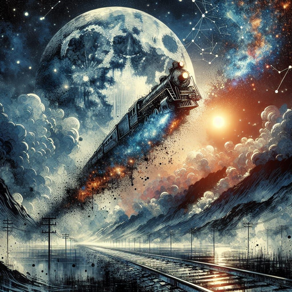 Epic Chinese Ink Art: Train Soaring Through Twilight