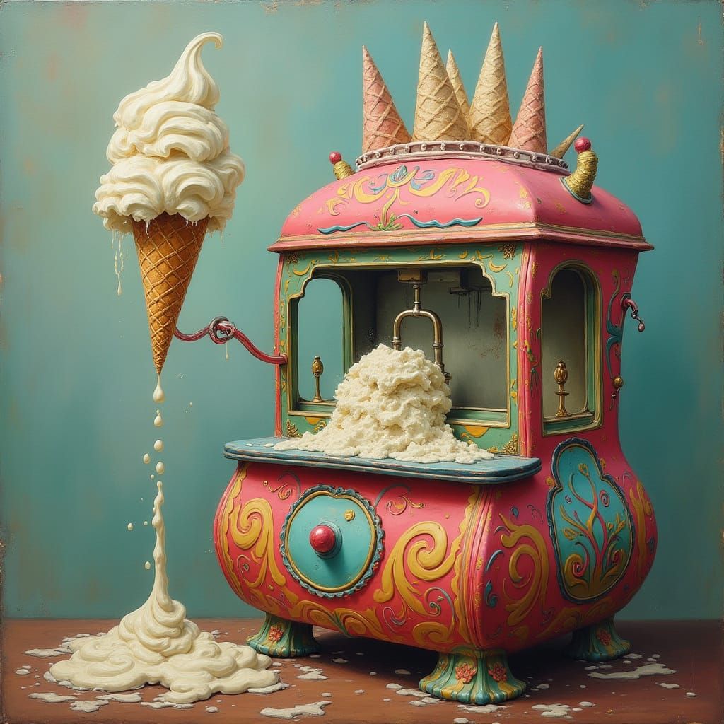 Surreal Steaming Ice Cream Machine in Dreamlike State