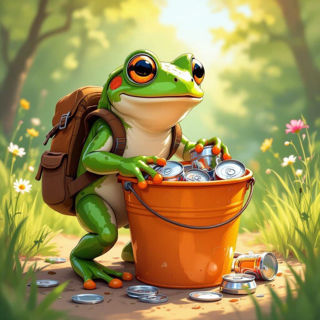 Animated Frog Recycling Can Tabs in Sunny Bucket