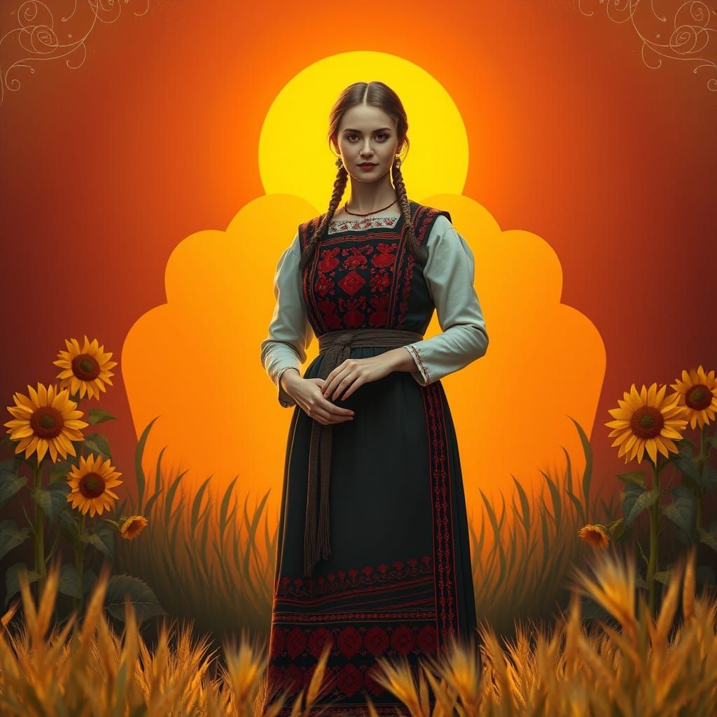 Strong Woman Embodying Ukrainian Spirit of Berehynia, Protec...