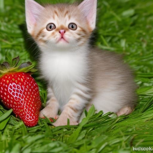 Strawberry Kitten with Wings in Grassy Field