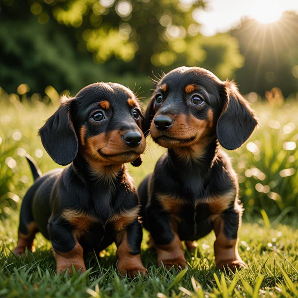 Vibrant Dachshund Puppies frolic in lush Greenery