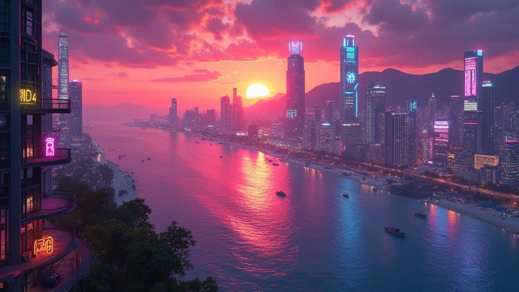 Neon Sunrise Metropolis over Ocean