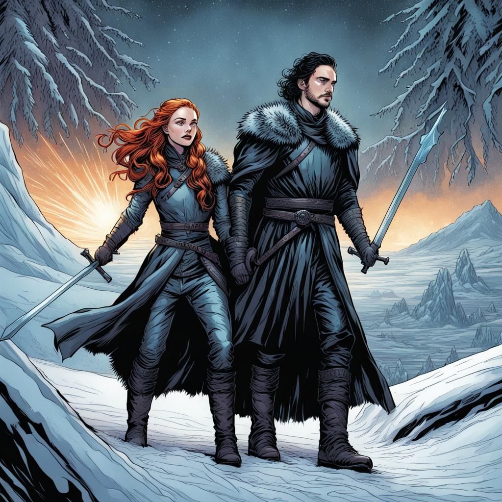 Jon Snow and Sansa Stark on Dragonback: Comic Book Art