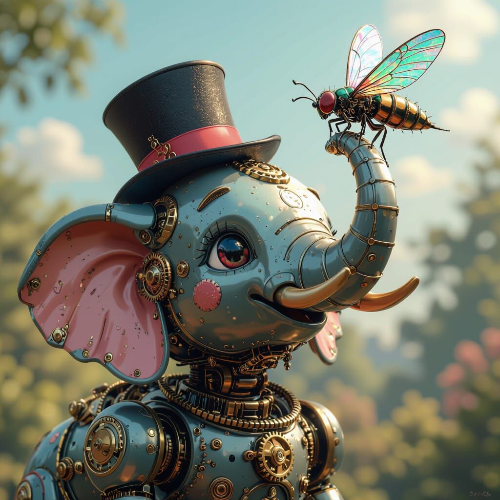 Mechanical Elephant & Fly in Vibrant Anime Style