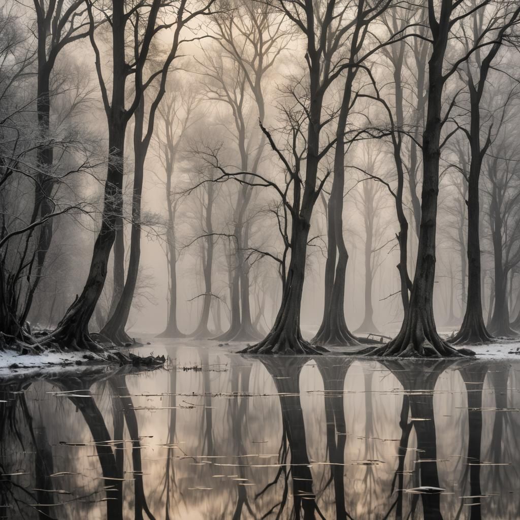 Winter Trees Reflected in Water at Golden Hour