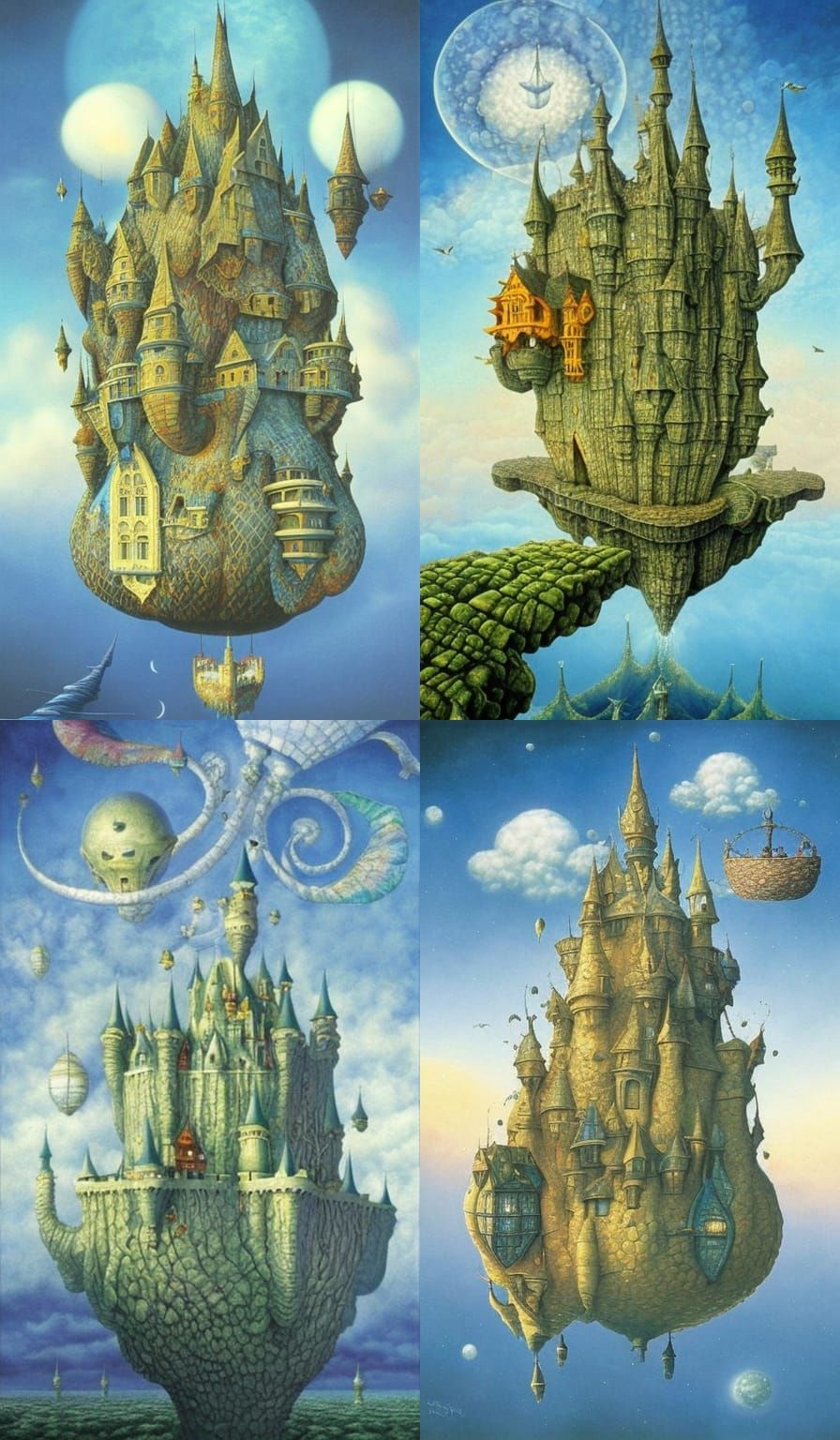 Fantasy Castle Floating in Sky: Surrealist Painting