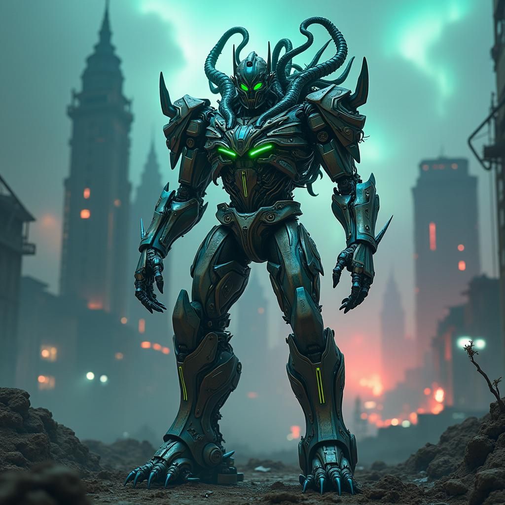 Cybernetic Creature Fusion in Dystopian Cityscape